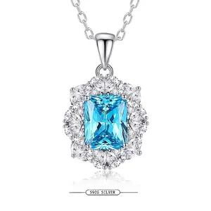 Rectangle Gemstone Pendant Necklace 925 Sterling Silver Elegant Flower Halo Jewelry For Women Gifts