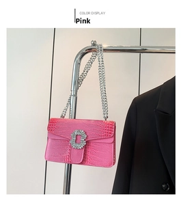 Pink crocodile pattern shoulder bag with crystal buckle and silver chain on hanger