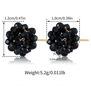 Detail view of woven black faceted bead stud earrings with exact size dimensions shown