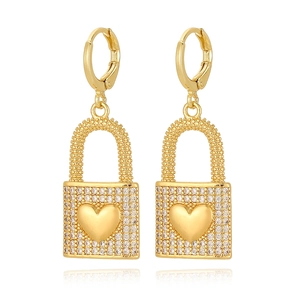 Fashionable 18K gold-plated heart lock drop earrings with sparkling pavé crystals