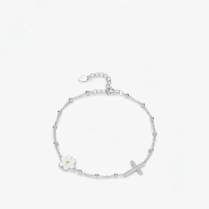 925 Sterling Silver Daisy Cross Bracelet For Women Sparkling Zirconia Flower Beaded Chain Adjustable Jewelry Gift