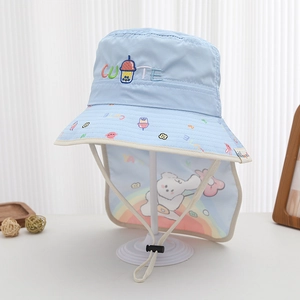 Detail of light blue quick-dry sun hat with neck flap, cute rabbit and rainbow prints