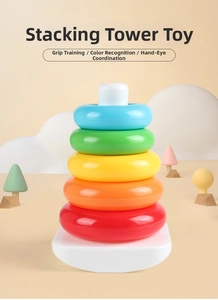 Macro detail of the 5-layer colorful rainbow stacker toy rings with a rounded white top