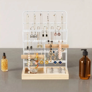 Large white metal and wood jewelry stand for necklaces earrings rings and bracelets