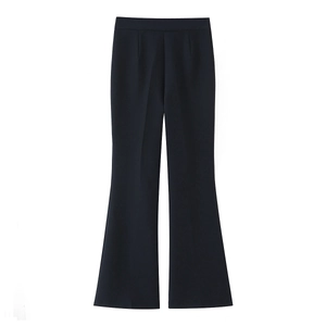 Flat lay view of black high-waisted flared trousers in premium crepe fabric