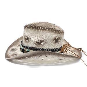 Hollow star woven straw western cowboy hat with turquoise beads and turquoise decor