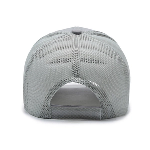 Rear view of breathable grey mesh baseball cap with adjustable strap closure