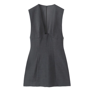 Deep V-Neck Sleeveless Mini Dress Polyester Solid Color Slim Fit Elegant Bodycon Party Wear For Women Dark Grey