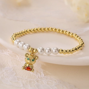 Cute Bear Pendant Bracelet Copper Gold Plated With Colorful Cubic Zirconia And White Imitation Artificial Pearl Beads For Women