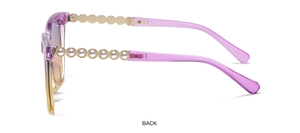 Detail of metal temples with pearl accents and purple gradient lenses on sunglasses
