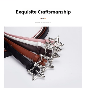 Close-up of thin belts in multiple colors with silver metal star-shaped buckles