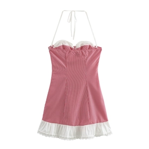 Sweet French style red and white striped halter mini dress with delicate white lace trim