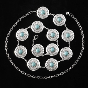 Bohemian silver metal chain belt featuring round turquoise stones and lobster clasp closure