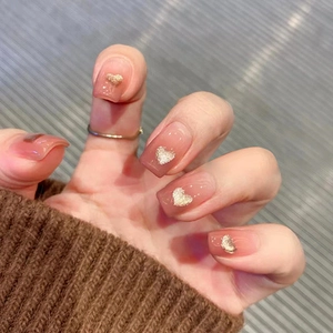 Press On Nails Pink Gradient Gold Glitter Heart Short Square Round Removable Reusable Acrylic Elegant Manicure Art For Women