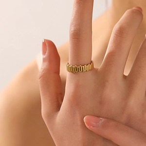 Bague ouverte en acier inoxydable plaqué or 18K avec texture verticale pour femme, réglable
