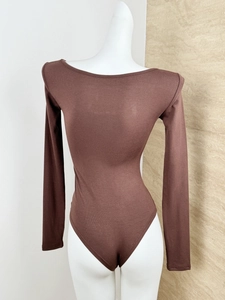 Back view of a deep brown knit long sleeve bodysuit on a white mannequin torso