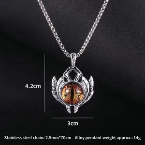 Mens stainless steel evil eye pendant necklace with orange eye detail in silver tone