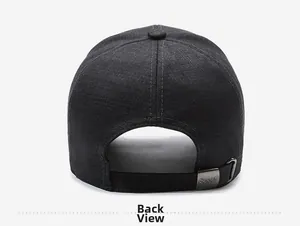Detail view of the back of a baseball cap with a metal Sport buckle and denim texture