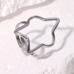 Minimalist silver stainless steel open ring with hollow star design on stone surface