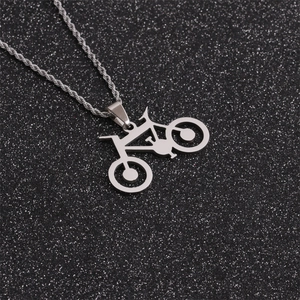 Polished stainless steel bicycle pendant necklace with twisted rope chain for hip hop style