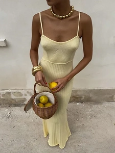 Women Sexy Knit Camisole Maxi Dress Viscose Ribbed Slim Fit Mermaid Hem Sleeveless Solid Color Summer Vacation
