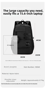 Detailed view of black nylon backpack showing 49x35x23cm dimensions and storage capacity
