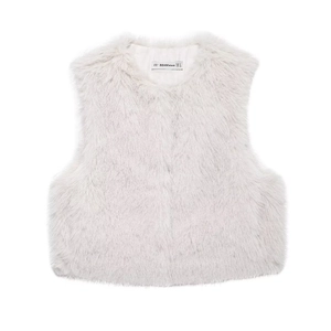 Close-up of white faux fur vest neck area with brand label and soft texture detail