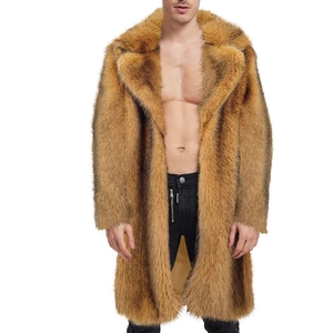 Men's long faux fur coat in golden brown featuring a lapel collar and soft plush texture