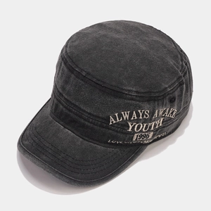 Vintage washed cotton cadet cap for men and women with retro embroidery and flat top