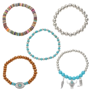 Bohemian style five-piece beaded bracelet set with turquoise stones and charms