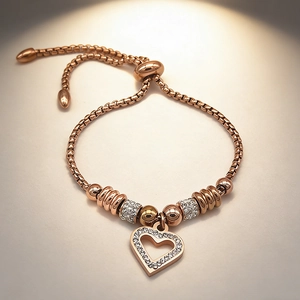 Elegant rose gold titanium steel box chain bracelet with heart pendant and zirconia inlay