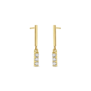 Detailed view of S925 silver gold-plated chain earrings with three sparkling gemstones