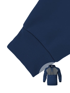 Detail of dark blue hoodie showing ribbed cuffs and premium fabric texture on white background
