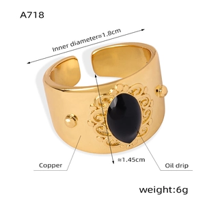Dettaglio dell'anello vintage in rame a fascia larga con smalto nero e dimensioni esatte