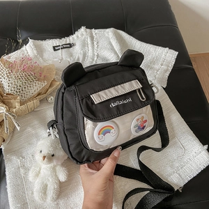 Cute black canvas crossbody bag with bear ears and small plush bear accessory
