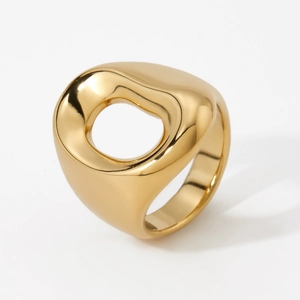 Minimalist gold irregular hollow geometric ring with a polished liquid metal design