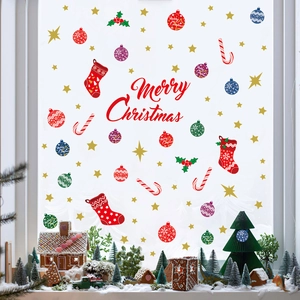 Christmas window stickers with Merry Christmas text, candy canes, and festive ornaments