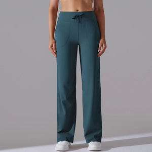 High waist loose wide leg yoga pants with drawstring pockets in dark teal color