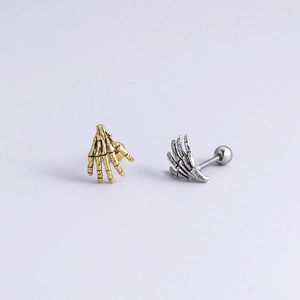Gothic stainless steel skeleton hand stud earrings in gold and silver finish