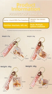 Detailed size chart for Capybara liquid bubble tea keychains in four cute bottle shapes