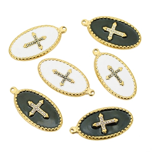 Oval 18k gold plated stainless steel cross pendant with black and white enamel and zircon