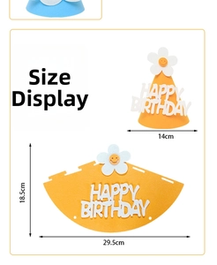 Detailed size guide for the felt birthday hat showing assembly dimensions and height