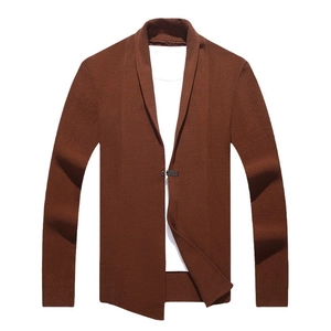 Brown men's knitted blazer cardigan with single button closure in a casual business style