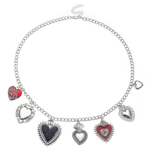 Vintage Gothic silver necklace with multiple Sacred Heart charms and red enamel details