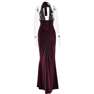 Deep V-neck wine red evening gown featuring an open back with elegant draped ribbon detail