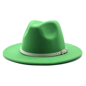 Detail of green wool jazz fedora featuring a slim white belt with a gold metal buckle