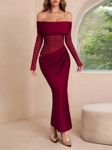 Elegant off-shoulder long sleeve wine red maxi dress with ruched details and cutout waist