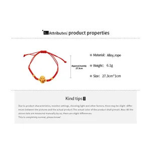 Detail of red braided rope bracelet with gold Fu character alloy charm and dimensions