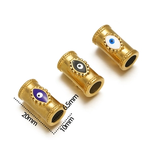 Detailed view of 20mm evil eye beads in purple, black, and white enamel with dimensions
