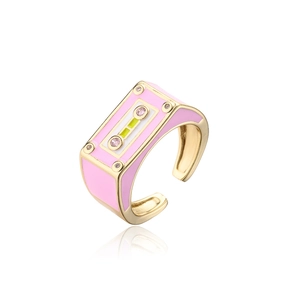 Detail of pink cassette tape ring in gold finish with sparkling cubic zirconia